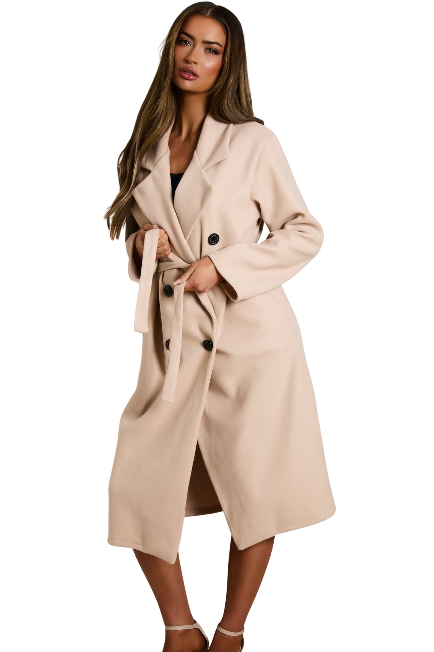 Stone Double Breasted Black Button Detail Belted Trench Coat - Eliana