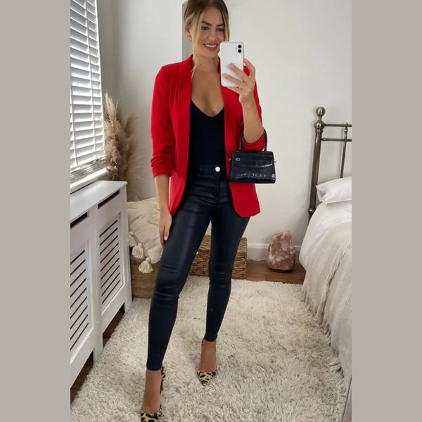 Red Long Sleeve Pocket Blazer - Tenely