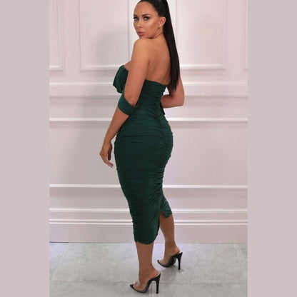 Emerald Bardot Cowl Neck Ruched Midi Dress - Malia