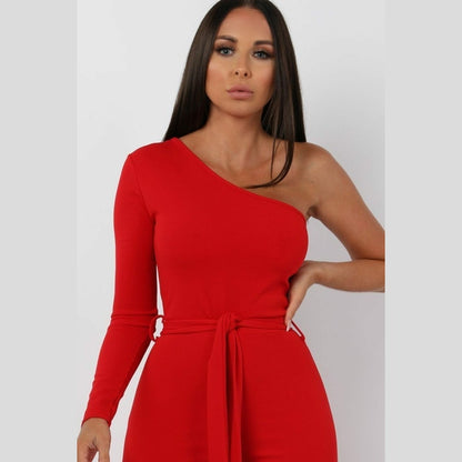 Red Belted One Shoulder Jumpsuit - Evelyn