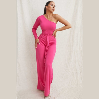 Hot Pink Belted One Shoulder Jumpsuit - Evelyn