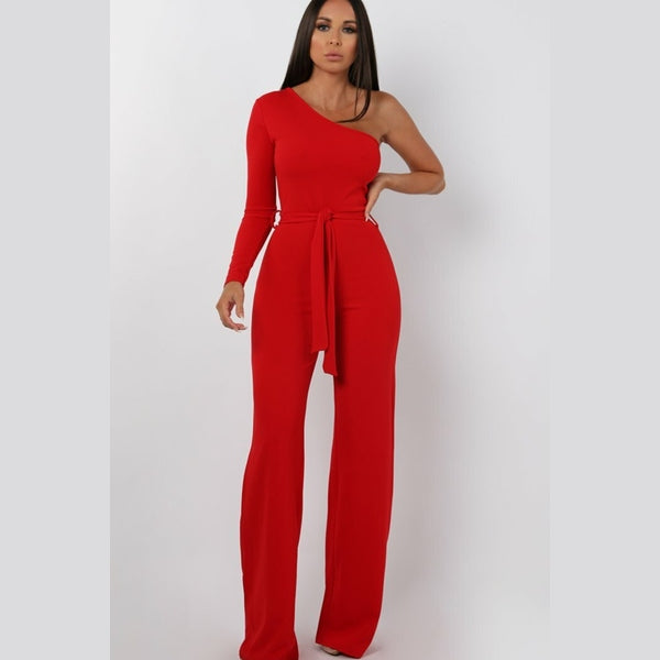 Red Belted One Shoulder Jumpsuit - Evelyn