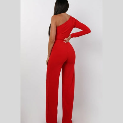Red Belted One Shoulder Jumpsuit - Evelyn