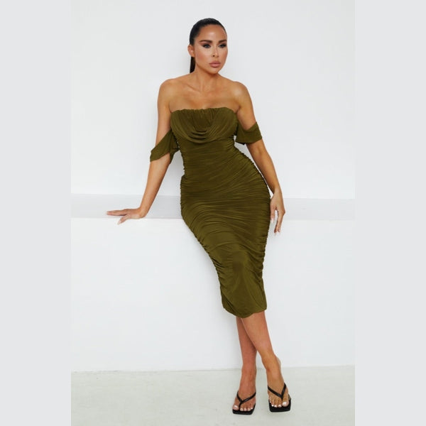 Olive Green Bardot Cowl Neck Ruched Midi Dress - Malia