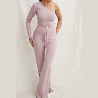 Mauve Belted One Shoulder Jumpsuit - Evelyn