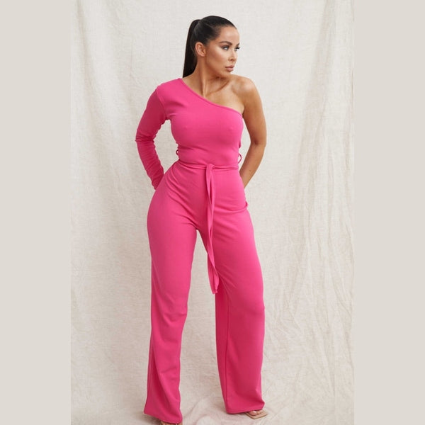 Hot Pink Belted One Shoulder Jumpsuit - Evelyn