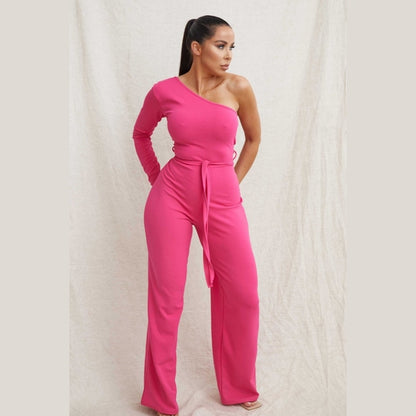 Hot Pink Belted One Shoulder Jumpsuit - Evelyn