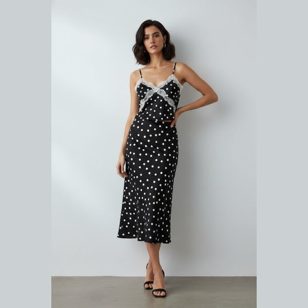 Black Polka Dot Satin Lace Trim Cami Crop Top & Midaxi Skirt Co-Ord- Niyana
