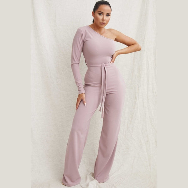 Mauve Belted One Shoulder Jumpsuit - Evelyn
