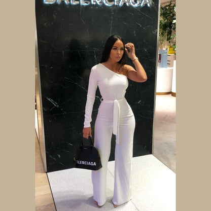 White Belted One Shoulder Jumpsuit - Evelyn