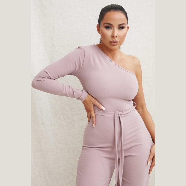 Mauve Belted One Shoulder Jumpsuit - Evelyn