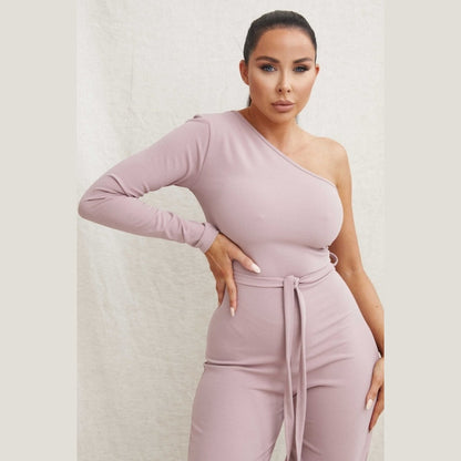 Mauve Belted One Shoulder Jumpsuit - Evelyn