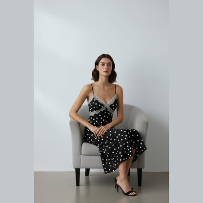 Black Polka Dot Satin Lace Trim Cami Crop Top & Midaxi Skirt Co-Ord- Niyana
