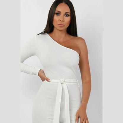 White Belted One Shoulder Jumpsuit - Evelyn