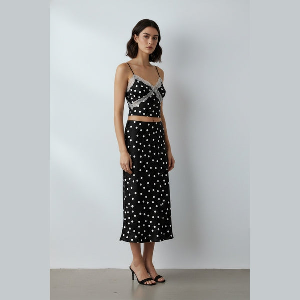 Black Polka Dot Satin Lace Trim Cami Crop Top & Midaxi Skirt Co-Ord- Niyana