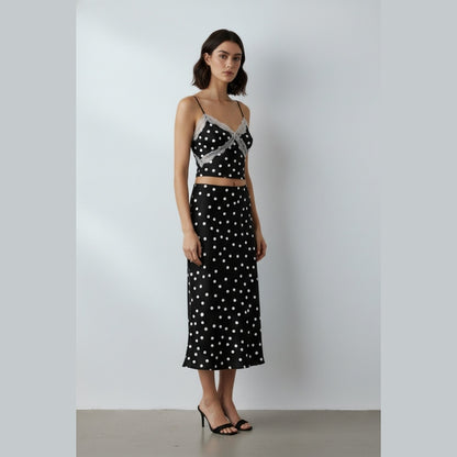Black Polka Dot Satin Lace Trim Cami Crop Top & Midaxi Skirt Co-Ord- Niyana
