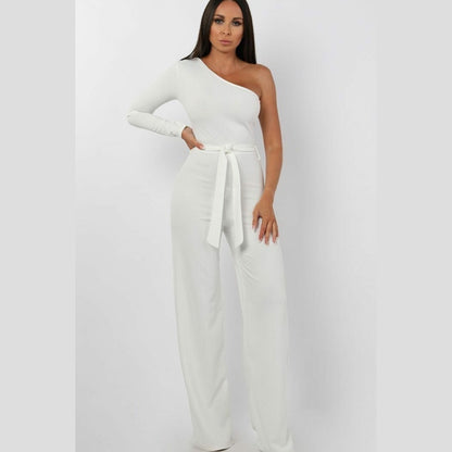 White Belted One Shoulder Jumpsuit - Evelyn