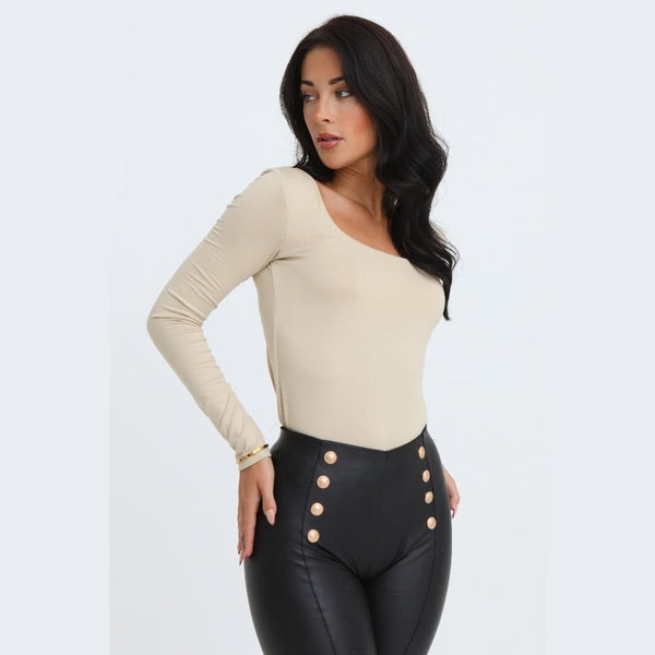 Stone Scoop Neck Long Sleeve Soft Touch Fitted Bodysuit - Emma
