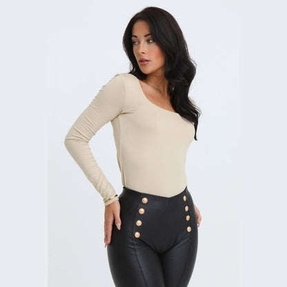 Stone Scoop Neck Long Sleeve Soft Touch Fitted Bodysuit - Emma