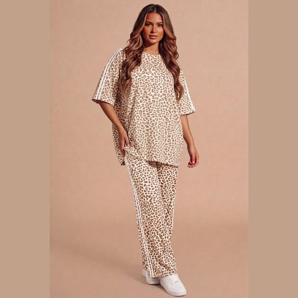 Beige Leopard Print Oversized Loungewear Set With Side Stripe Detail- Orlina