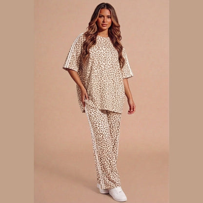 Beige Leopard Print Oversized Loungewear Set With Side Stripe Detail- Orlina