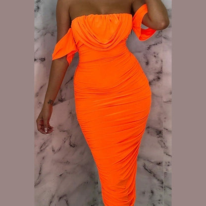 Neon Orange Bardot Cowl Neck Ruched Midi Dress - Malia
