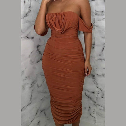Rust Bardot Cowl Neck Ruched Midi Dress - Malia