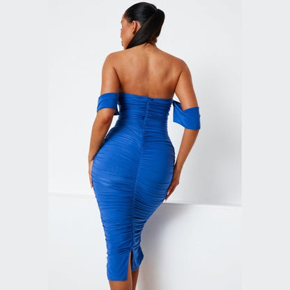 Royal Blue Bardot Cowl Neck Ruched Midi Dress - Malia