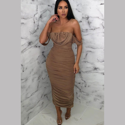 Camel Bardot Cowl Neck Ruched Midi Dress - Malia