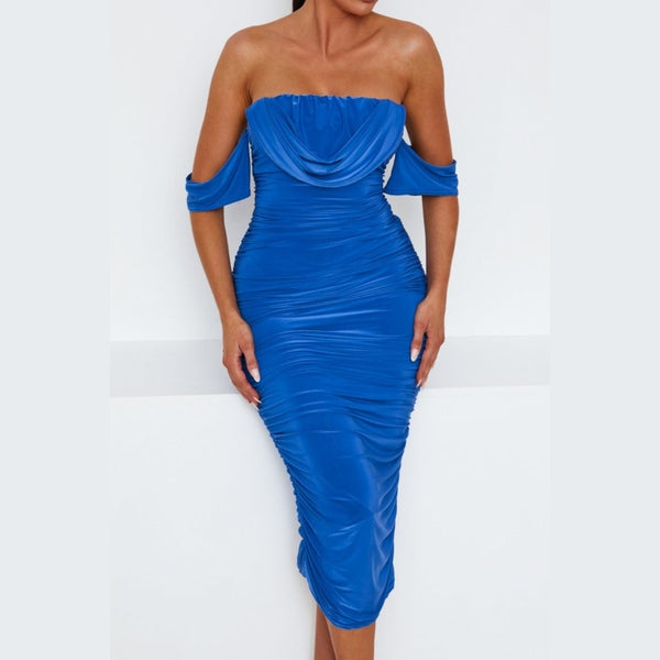 Royal Blue Bardot Cowl Neck Ruched Midi Dress - Malia