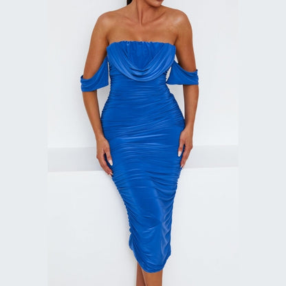 Royal Blue Bardot Cowl Neck Ruched Midi Dress - Malia