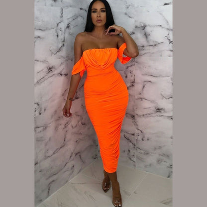 Neon Orange Bardot Cowl Neck Ruched Midi Dress - Malia