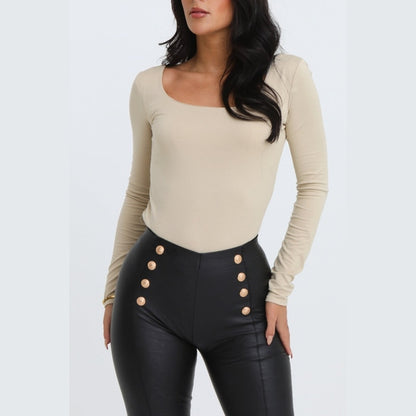 Stone Scoop Neck Long Sleeve Soft Touch Fitted Bodysuit - Emma