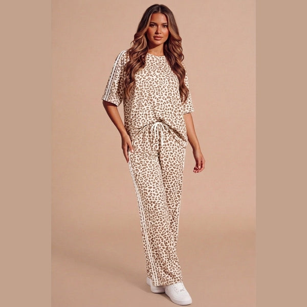 Beige Leopard Print Oversized Loungewear Set With Side Stripe Detail- Orlina