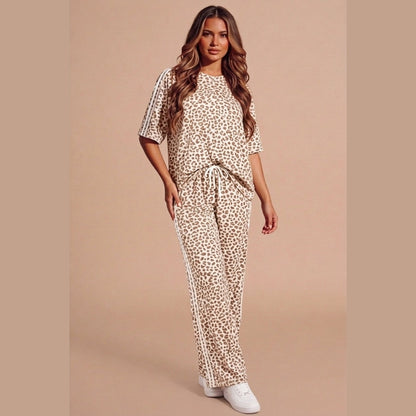 Beige Leopard Print Oversized Loungewear Set With Side Stripe Detail- Orlina