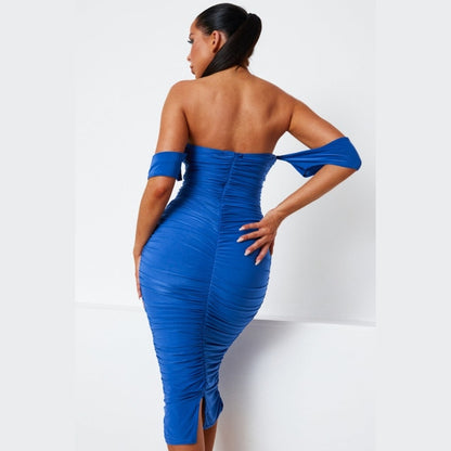Royal Blue Bardot Cowl Neck Ruched Midi Dress - Malia