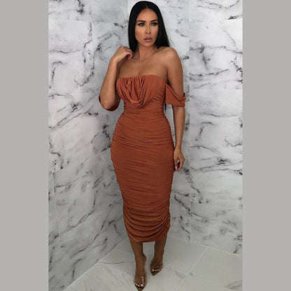 Rust Bardot Cowl Neck Ruched Midi Dress - Malia