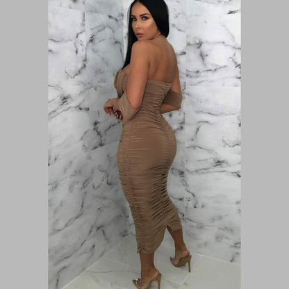 Camel Bardot Cowl Neck Ruched Midi Dress - Malia