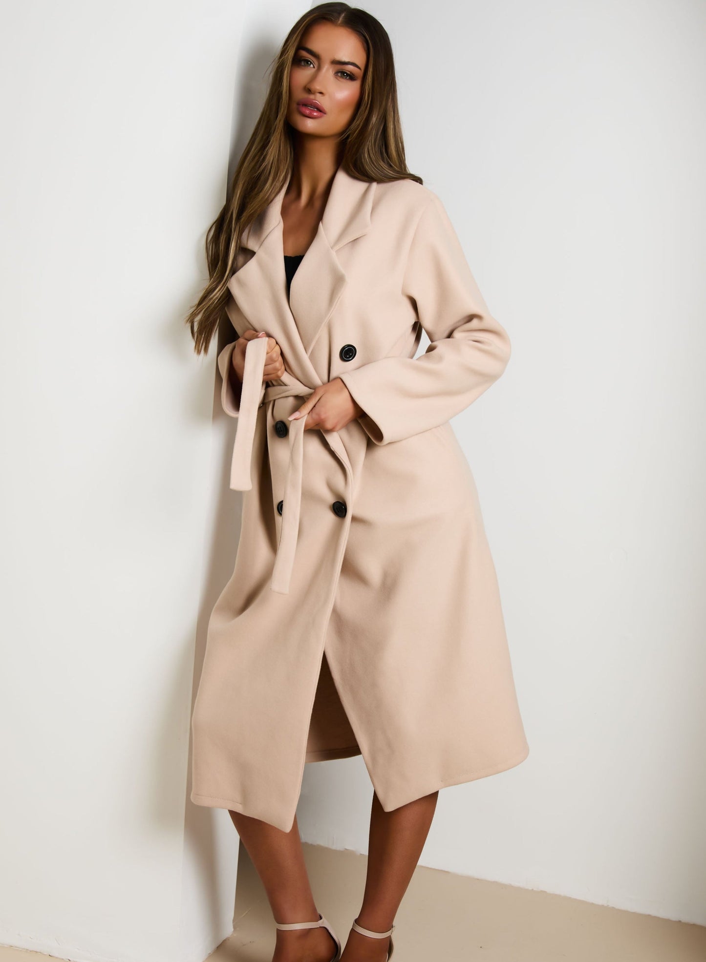 Stone Double Breasted Black Button Detail Belted Trench Coat - Eliana