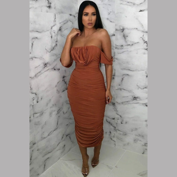 Rust Bardot Cowl Neck Ruched Midi Dress - Malia