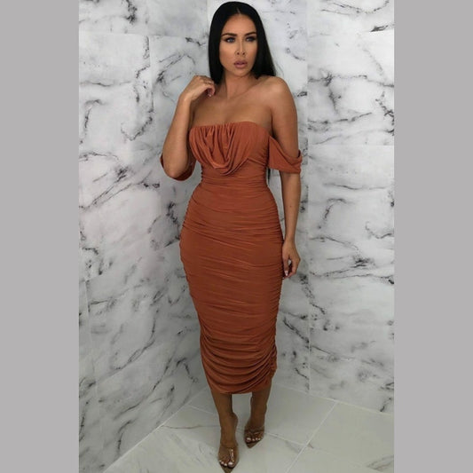 Rust Bardot Cowl Neck Ruched Midi Dress - Malia