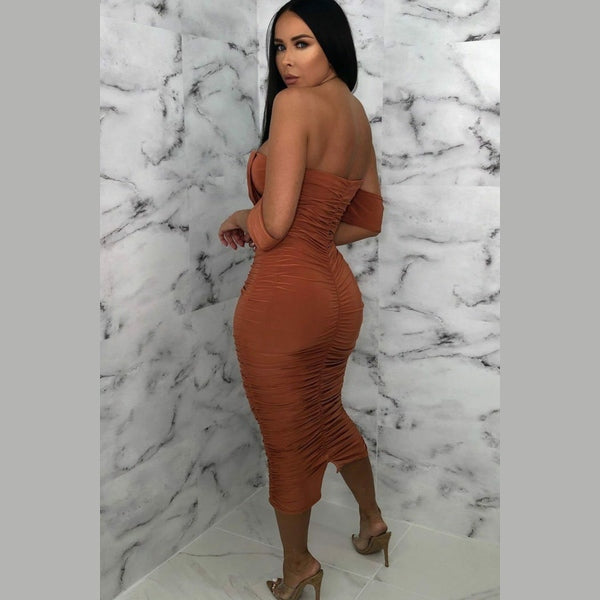 Rust Bardot Cowl Neck Ruched Midi Dress - Malia