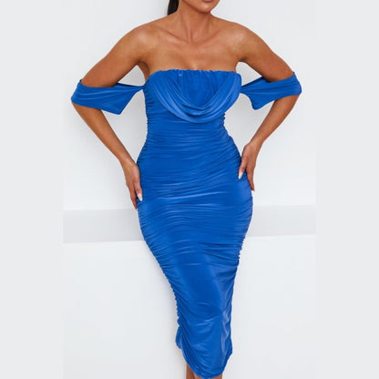 Royal Blue Bardot Cowl Neck Ruched Midi Dress - Malia