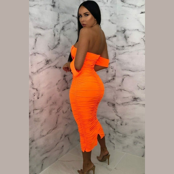 Neon Orange Bardot Cowl Neck Ruched Midi Dress - Malia