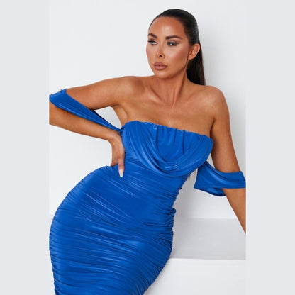 Royal Blue Bardot Cowl Neck Ruched Midi Dress - Malia