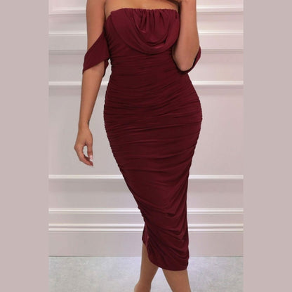 Wine Bardot Cowl Neck Ruched Midi Dress - Malia