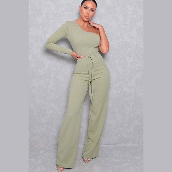 Sage Belted One Shoulder Jumpsuit - Evelyn