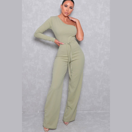 Sage Belted One Shoulder Jumpsuit - Evelyn