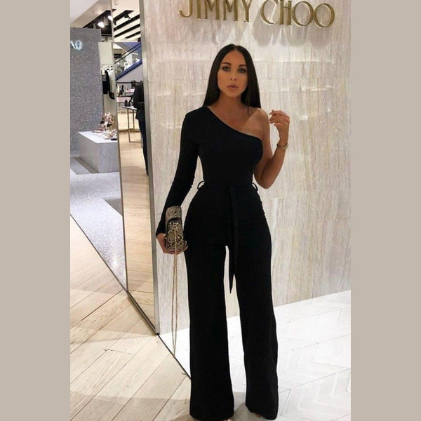 Black Belted One Shoulder Jumpsuit - Evelyn