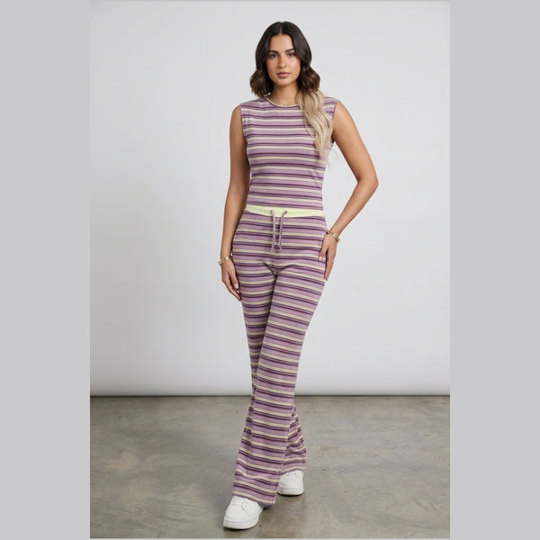 Lilac Stripe Sleeveless Top & Flared Trouser Co-Ord Set- Cally